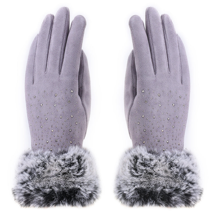 Audrey Faux Fur Gloves in Grey with Grey Crystals