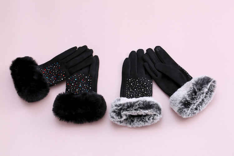 Audrey Faux Fur Gloves in Black with AB White Crystals