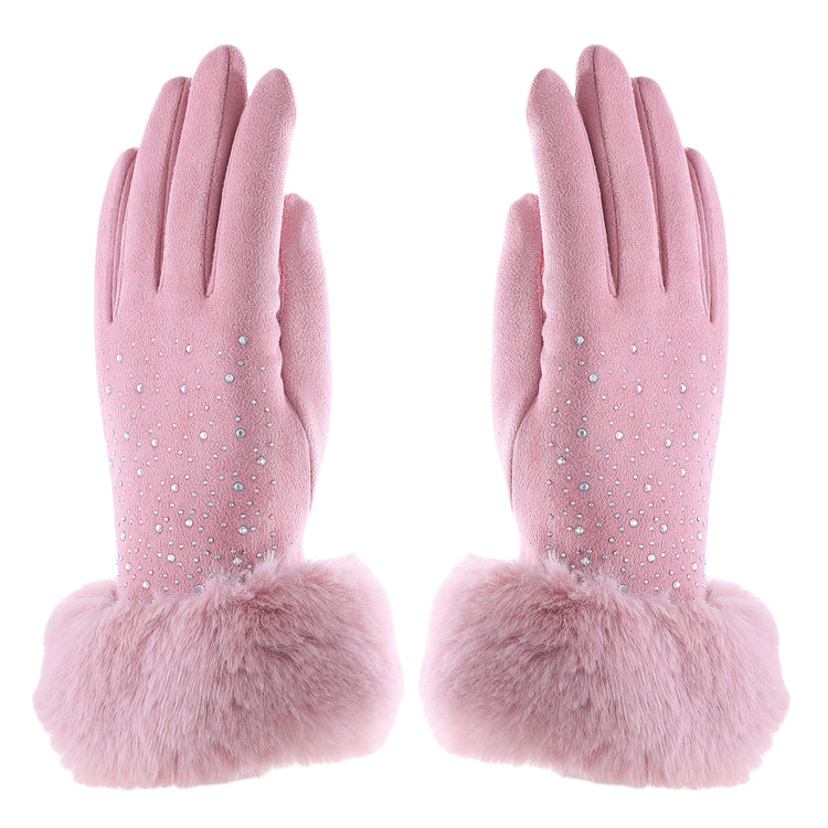 Audrey Faux Fur Gloves in Pink with AB Crystals