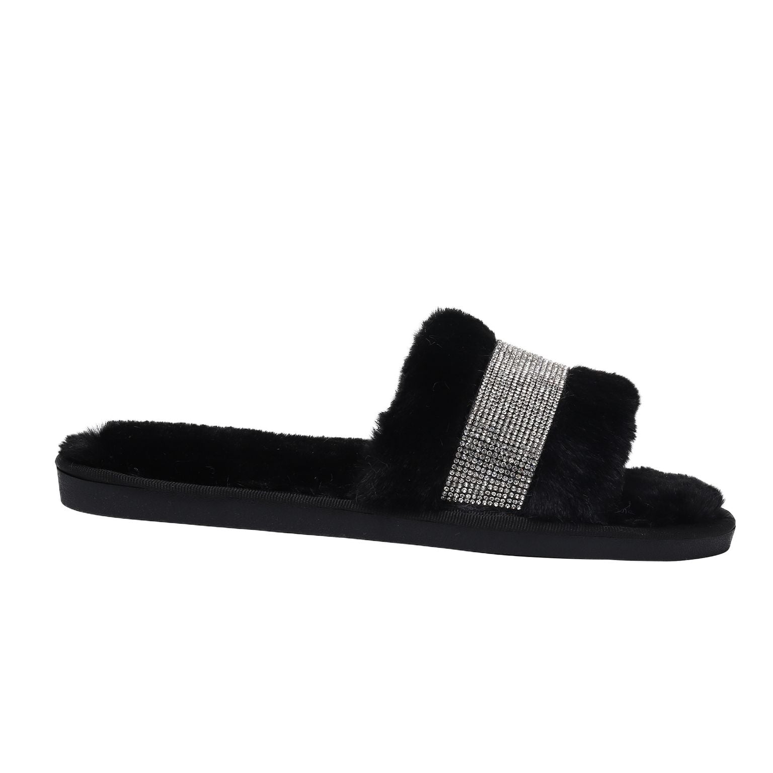 Black Faux Fur Sydney Glampers with Crystal Strip