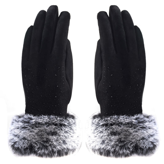 Audrey Faux Fur Gloves in Black with Black Crystals
