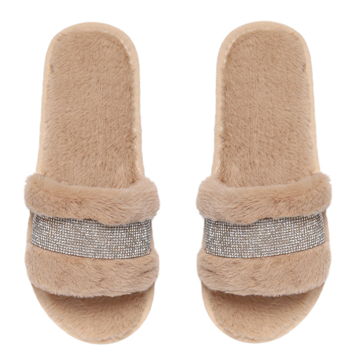Nude Faux Fur Sydney Glampers with Crystal Strip