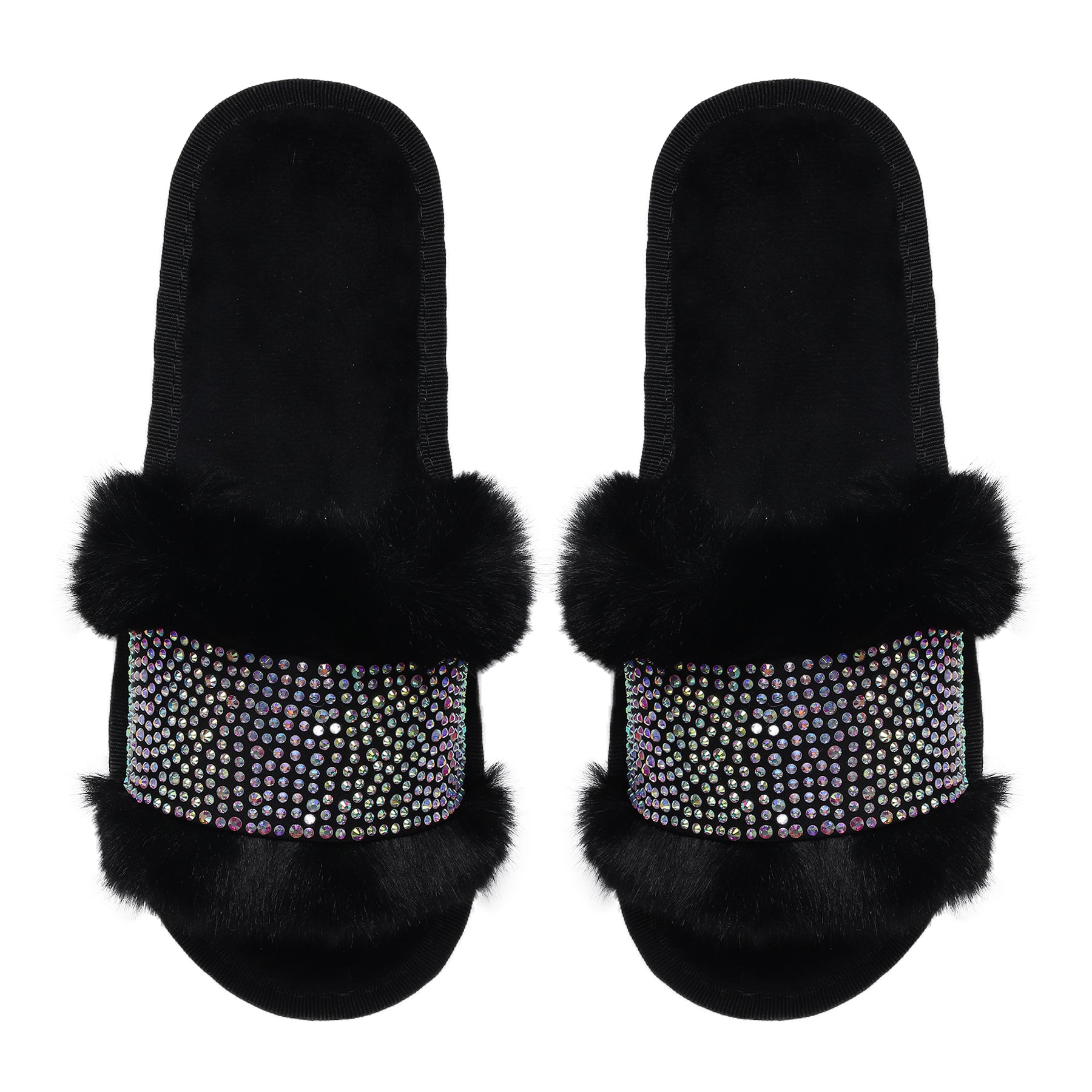 Black Faux Fur Nina Glampers with White AB Crystals