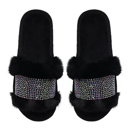 Black Faux Fur Nina Glampers with White AB Crystals