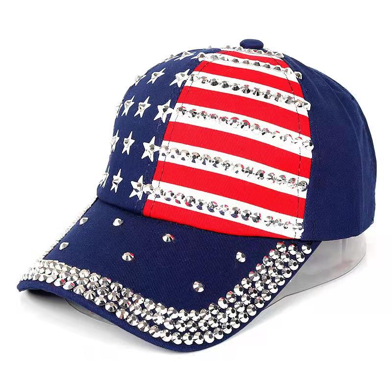 Unisex Embellished American Flag Rhinestone Baseball Cap - Red White Blue Wholesale US Flag Rhinestone Studded Red, White, and Blue  main image 2