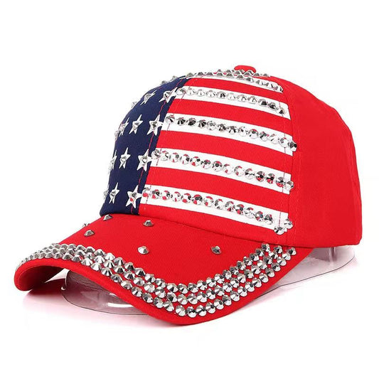 Red Hat with Large Rhinestone American Flag