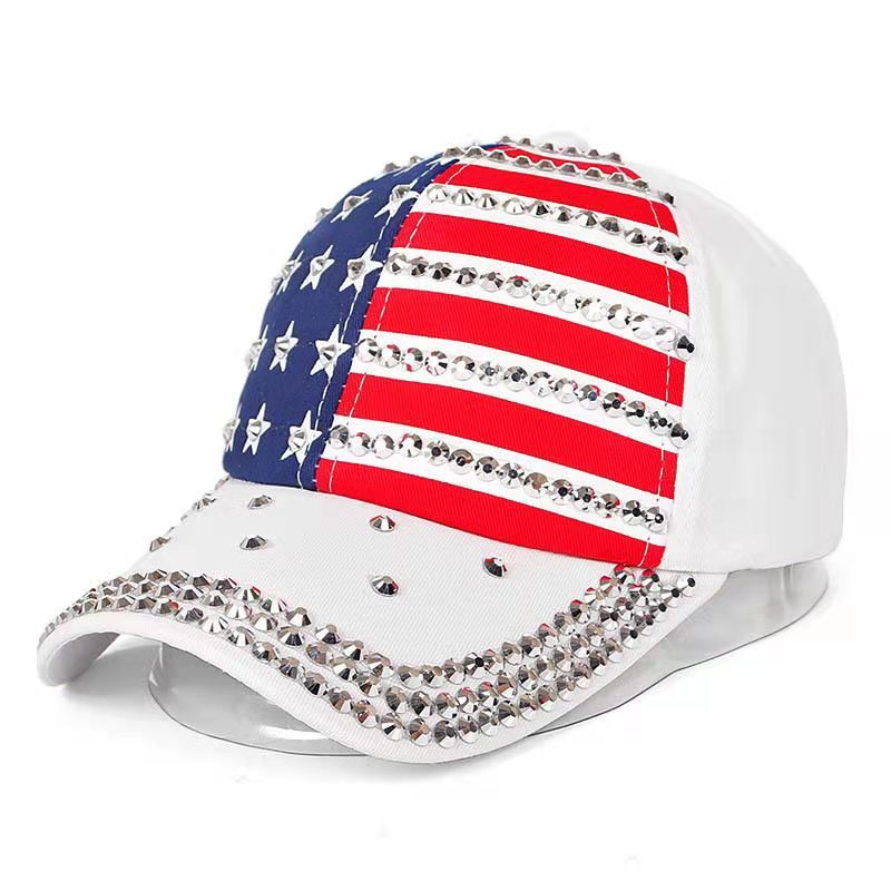 White Hat with Large Rhinestone American Flag