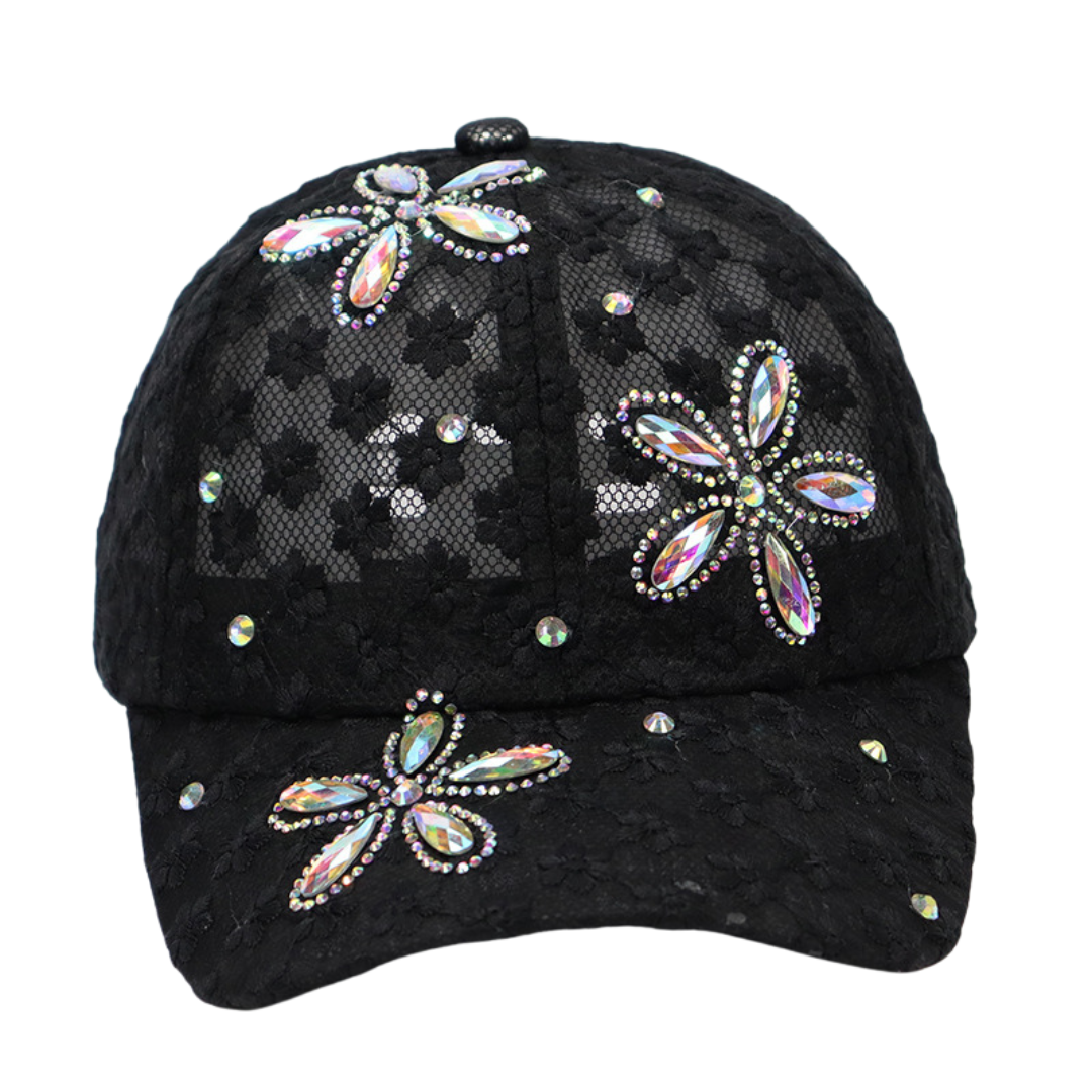 Leila Floral Crystal Hat in Black