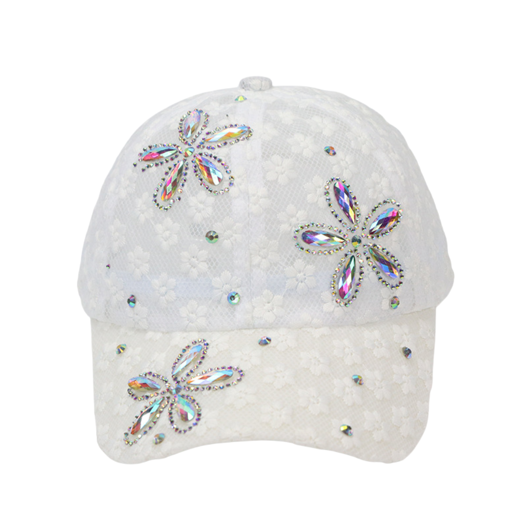 Leila Floral Crystal Hat in White