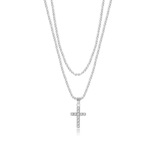 Ariel Layer Silver Rhinestone Cross Pendant Necklace