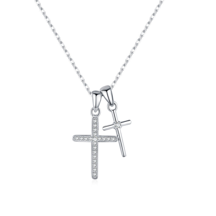 Lianne Silver Rhinestone Double Cross Pendant Necklace