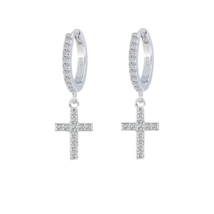 Calah Silver Rhinestone Cross Earrings