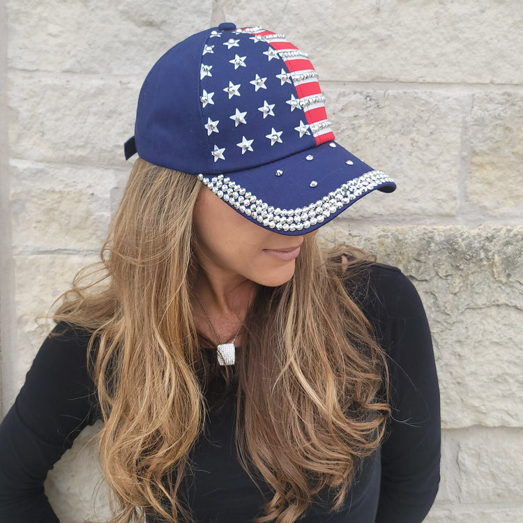 Navy Blue Hat with Large Rhinestone American Flag