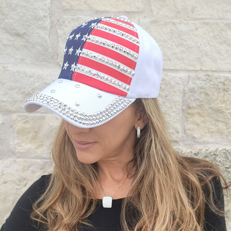 White Hat with Large Rhinestone American Flag