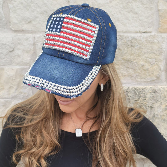 Donkere Jean-hoed met kleine strass Amerikaanse vlag
