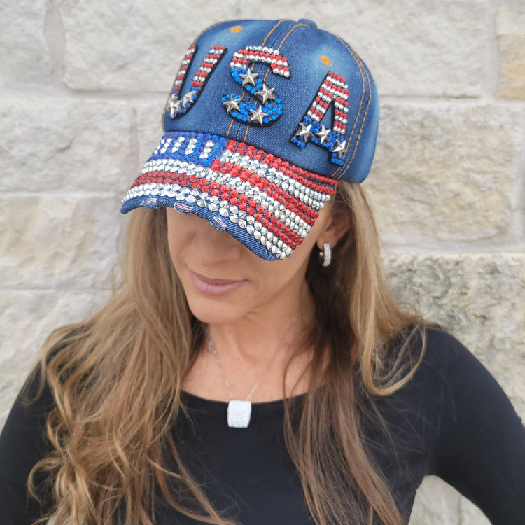 Dark Jean Hat with Rhinestone USA & American Flag Brim