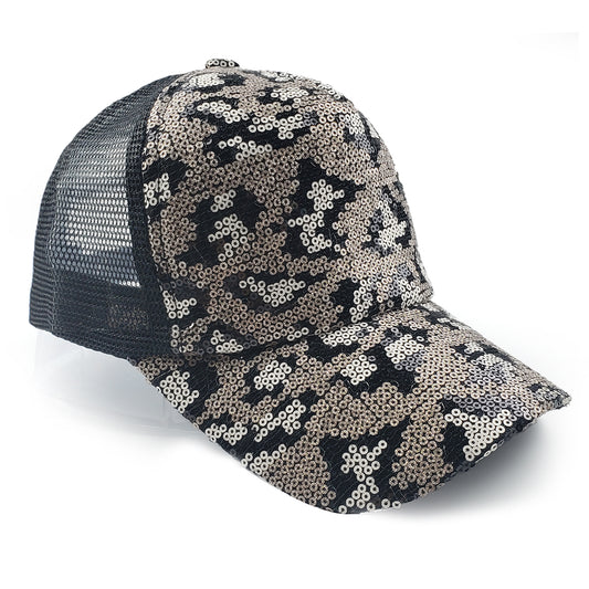 Adina baseballhatt med gull- og hematitt-leopard-paljettmønster