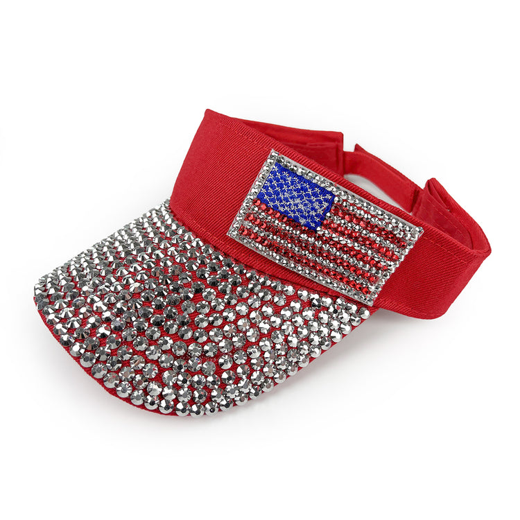 American Flag Rhinestone Visor in Red & Silver