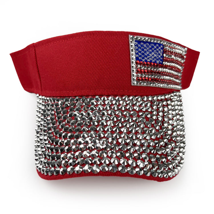 American Flag Rhinestone Visor in Red & Silver