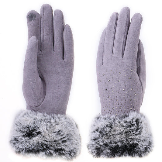 Audrey Faux Fur Gloves in Grey with Grey Crystals