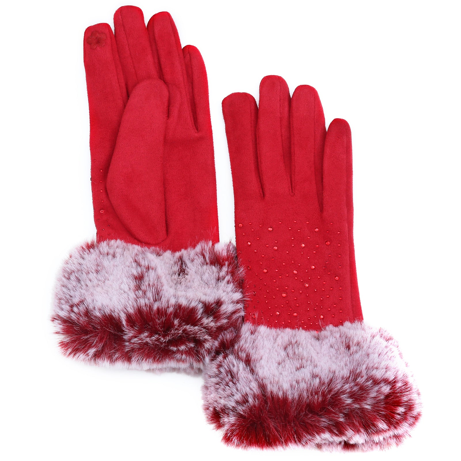 Audrey Faux Fur Gloves in Red with Red Crystals
