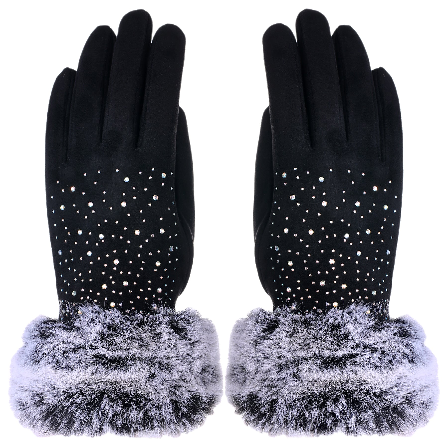 Audrey Faux Fur Gloves in Black with AB White Crystals