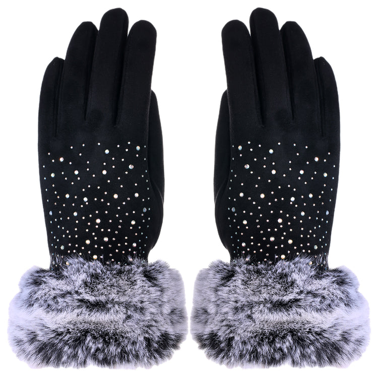 Audrey Faux Fur Handschoenen in Zwart met AB Witte Kristallen
