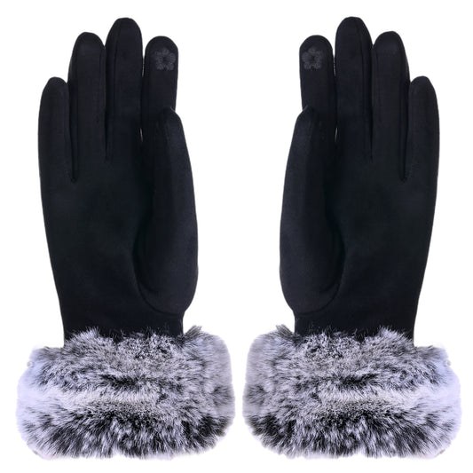 Audrey Faux Fur Gloves in Black with AB White Crystals