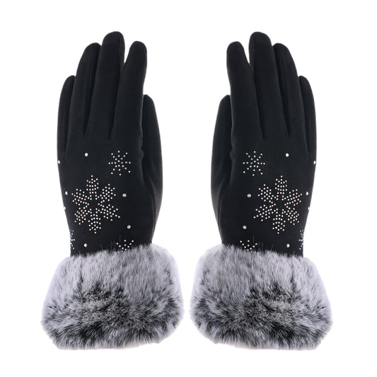 Audrey Faux Fur Gloves in Black with Snowflake Design
