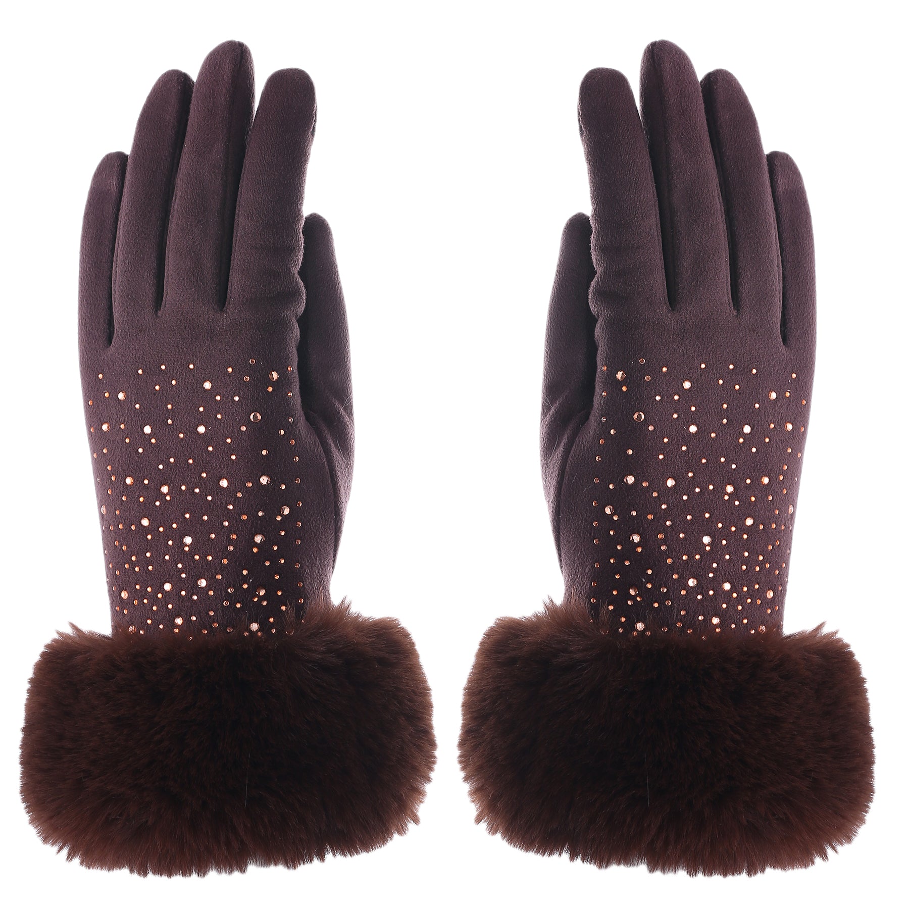 Audrey Faux Fur Gloves in Deep Brown with Gold Crystals