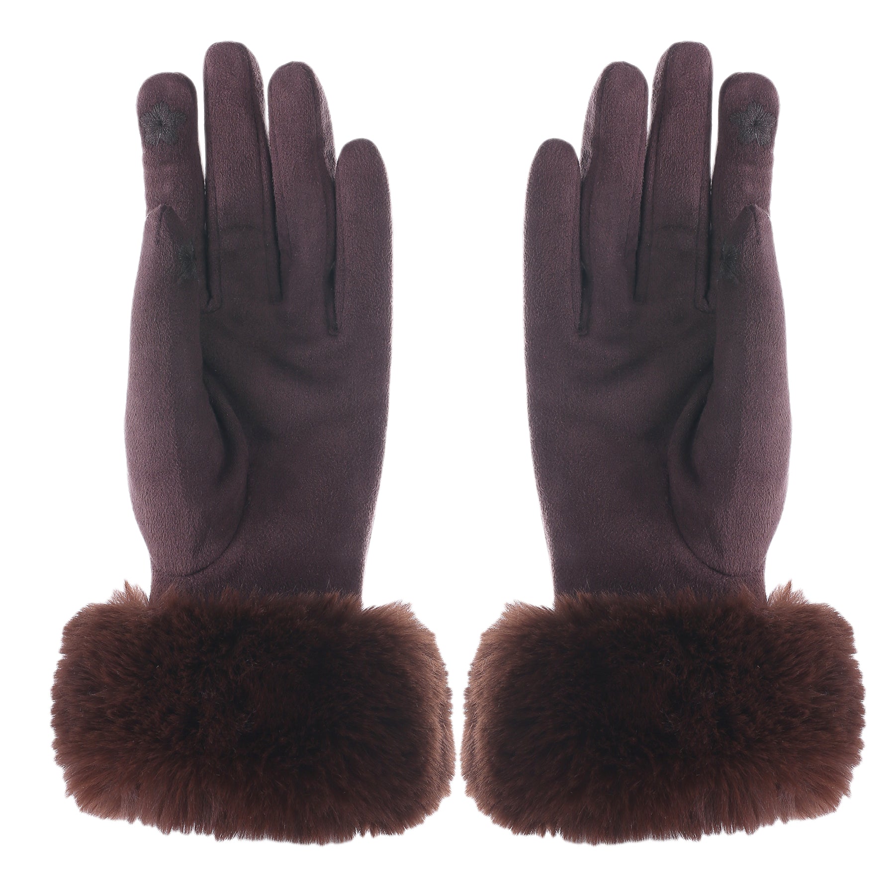 Audrey Faux Fur Gloves in Deep Brown with Gold Crystals