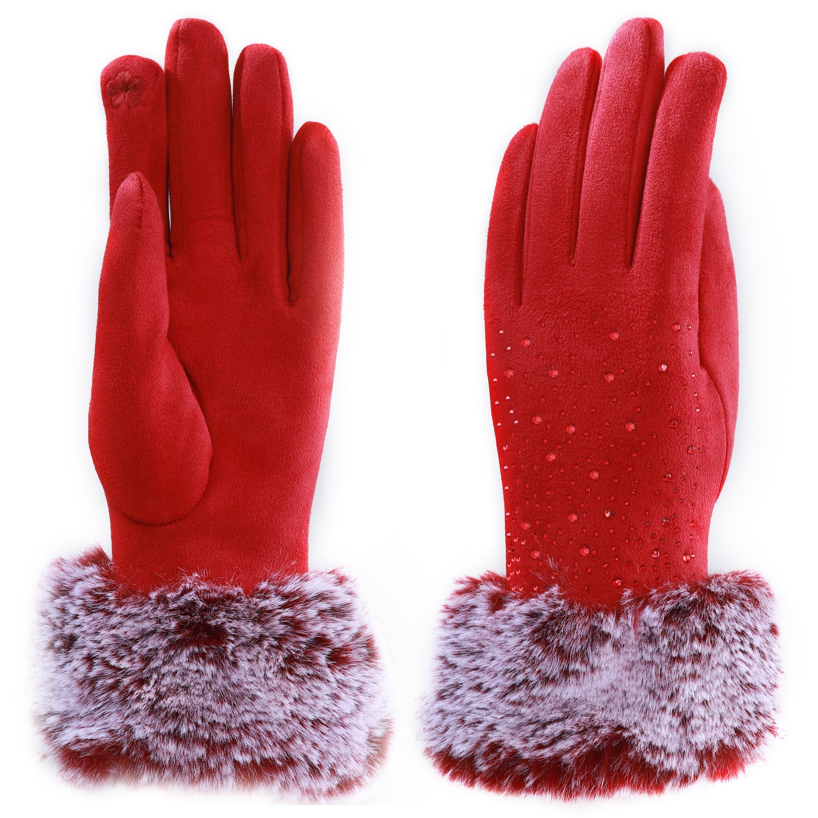 Audrey Faux Fur Gloves in Red with Red Crystals