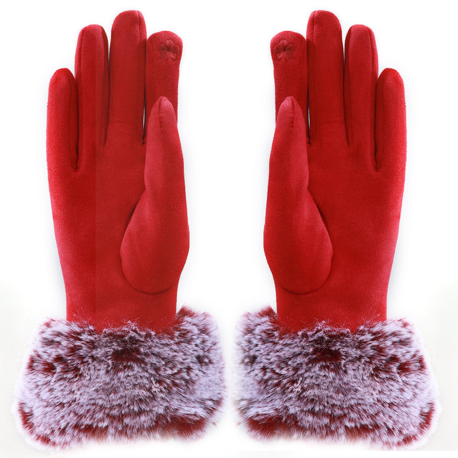 Audrey Faux Fur Gloves in Red with Red Crystals