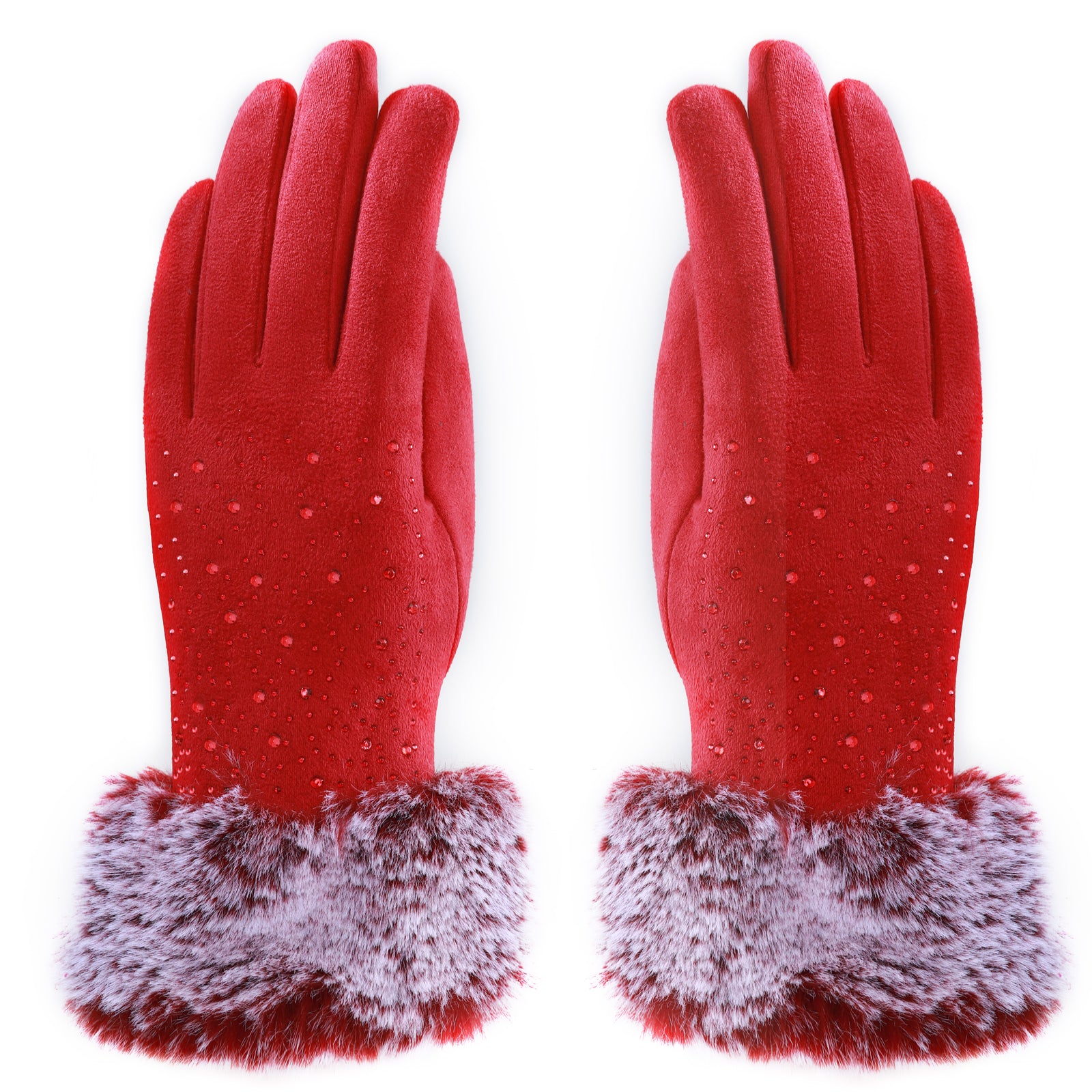 Audrey Faux Fur Gloves in Red with Red Crystals