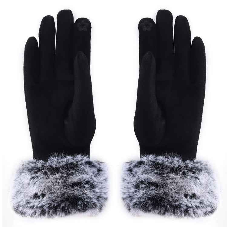 Audrey Faux Fur Gloves in Black with Black Crystals
