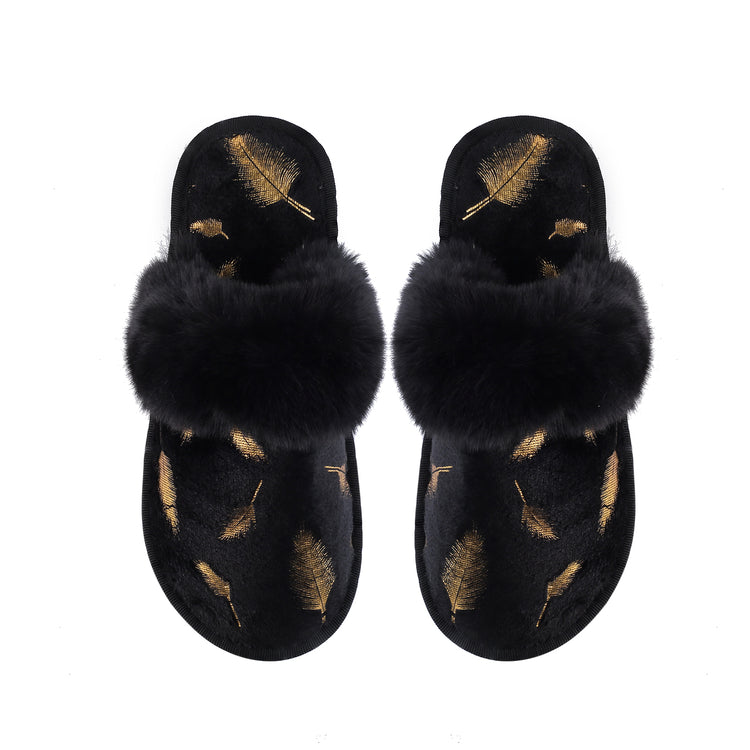 Gina Slippers - Black with Gold Leaf Foiling