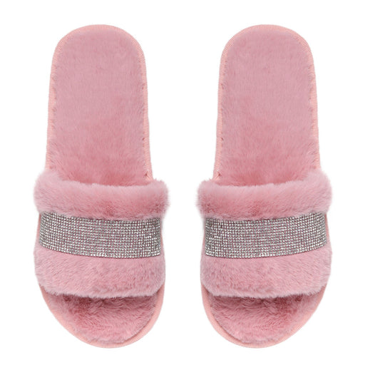 Pink Faux Fur Sydney Glampers with Crystal Strip