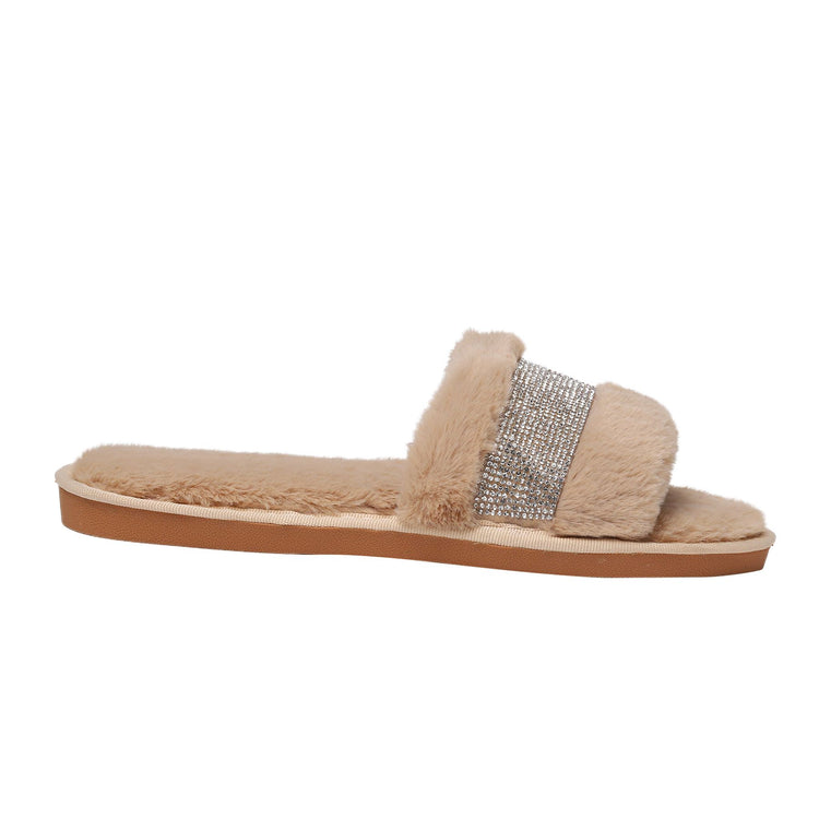 Nude Faux Fur Sydney Glampers with Crystal Strip
