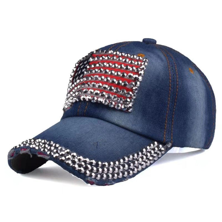 Dark Jean Hat with Small Rhinestone American Flag
