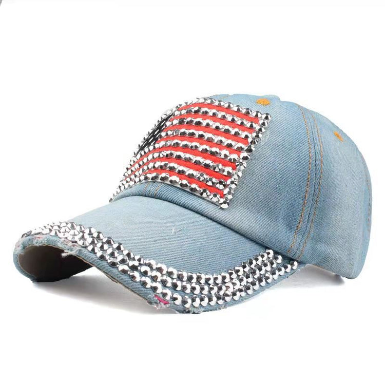 Light Jean Hat with Small Rhinestone American Flag