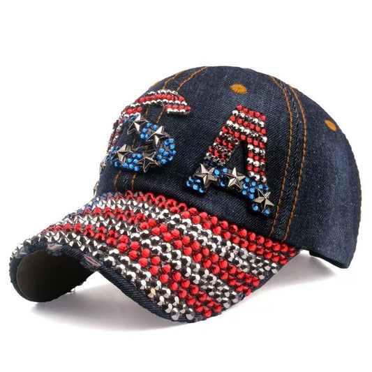 Dark Jean Hat with Rhinestone USA & American Flag Brim