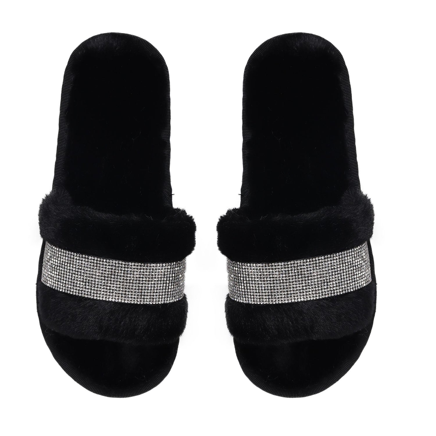 Black Faux Fur Sydney Glampers with Crystal Strip